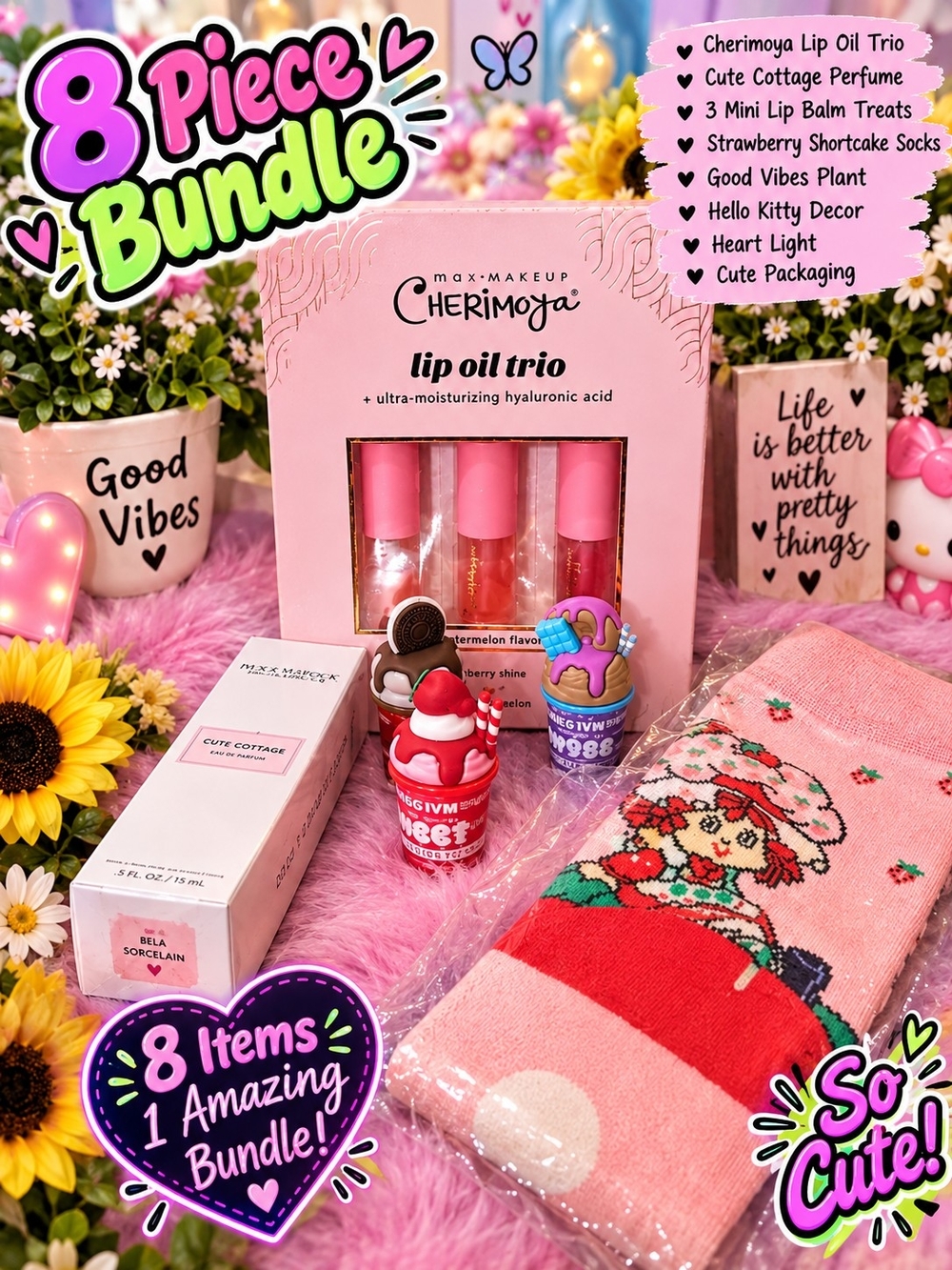 8 Peice Bundle Pink Lip Oil Trio, Hollylinka, 3 Cupcake Glosses And Socks